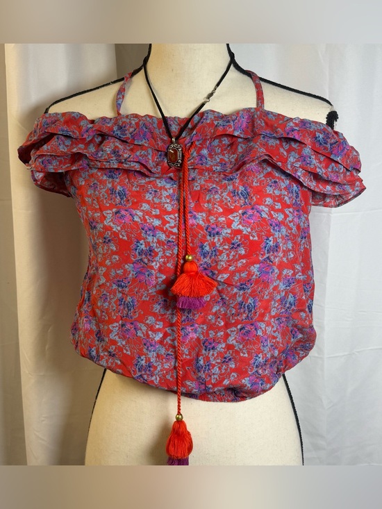 Figue Tops - FIGUE 100% Silk Floral Ruffled Tassel Tank Top Blouse Off Shoulder S XS Floral